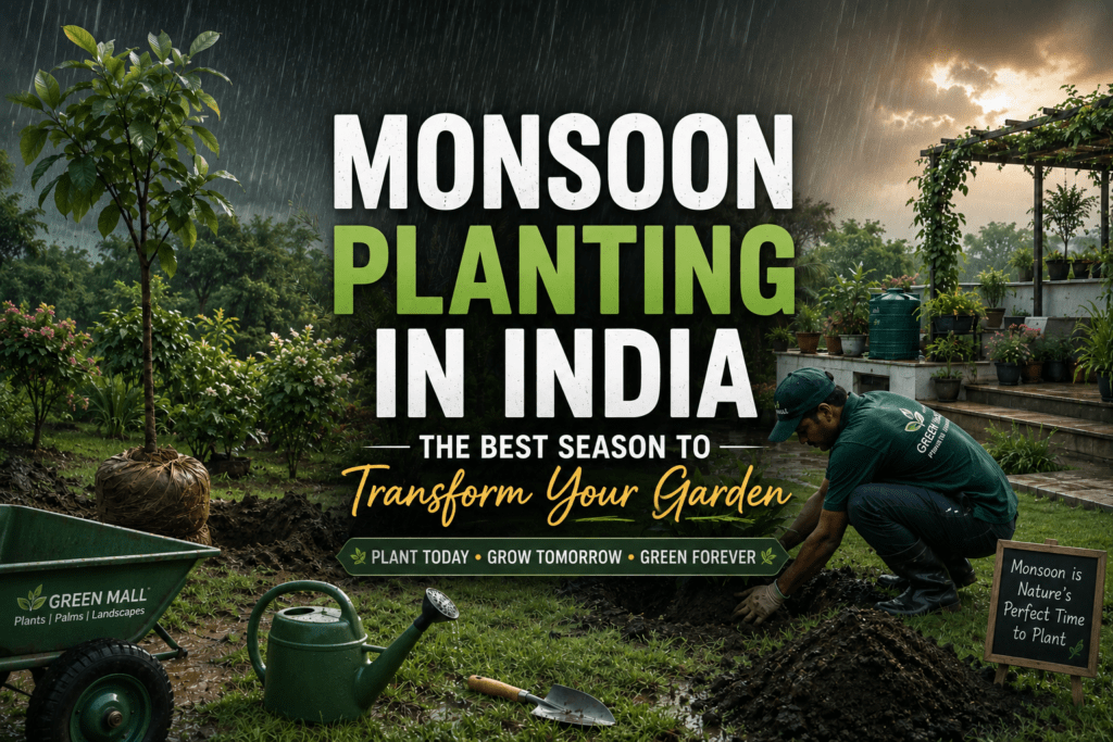 Healthy trees, palms and flowering plants being planted during the Indian monsoon with lush green landscapes and fresh rainfall.