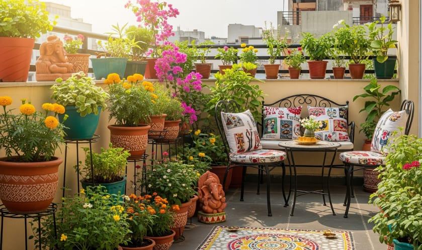 Well-planned terrace garden in an Indian home with potted plants, greenery and a clear walking area.