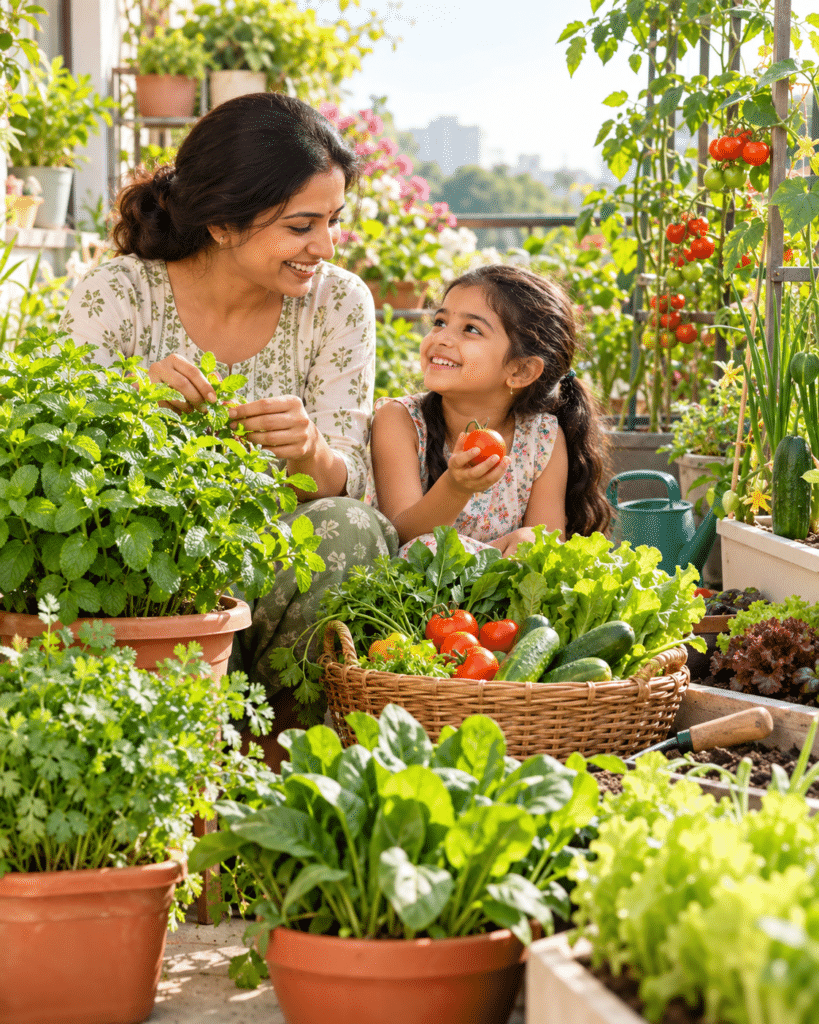 Mother and daughter enjoying a terrace herb and vegetable garden at home